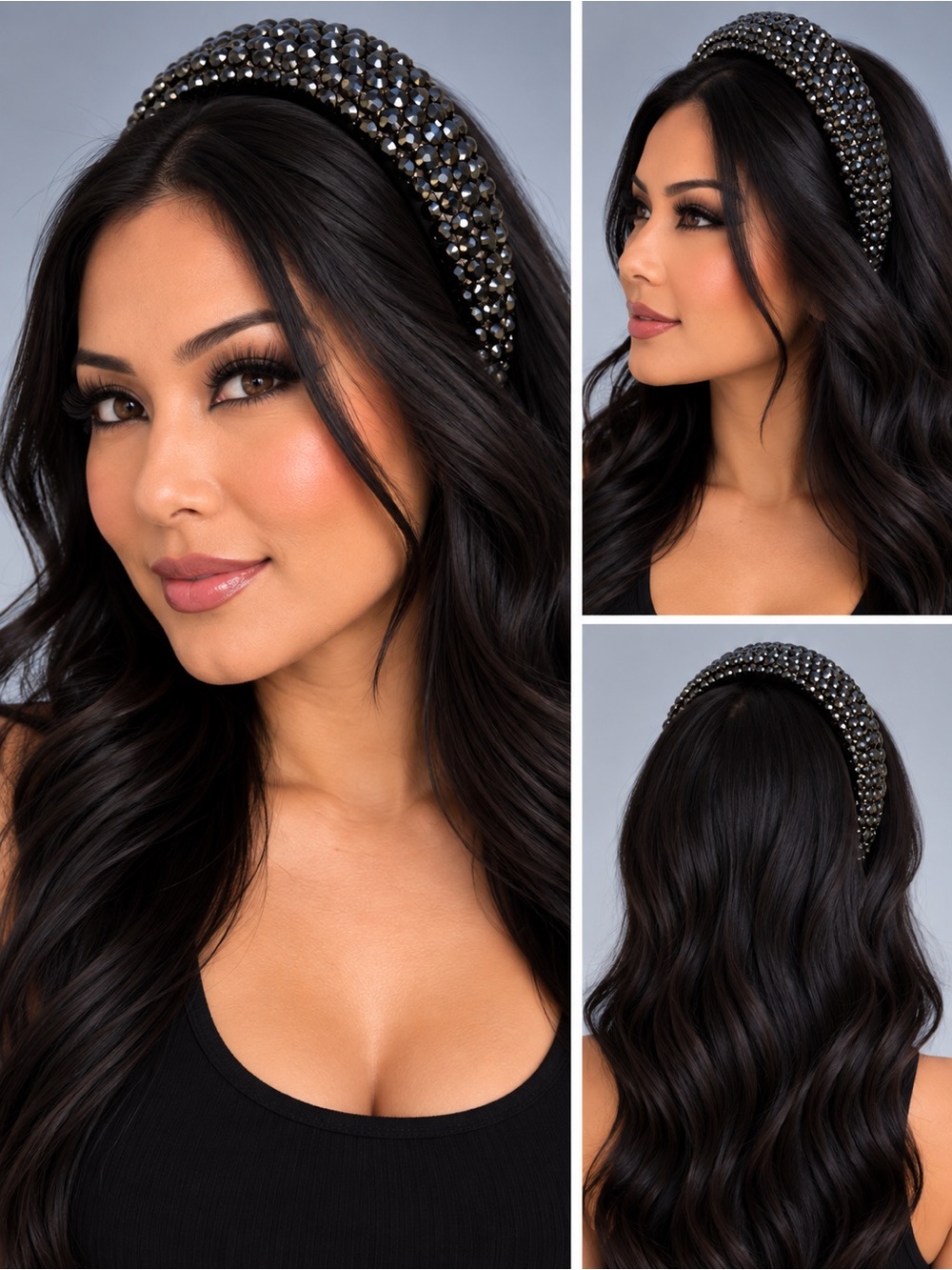Black Handmade Rhinestone Sparkly Bling Crystal Chunky Statement Padded Headband